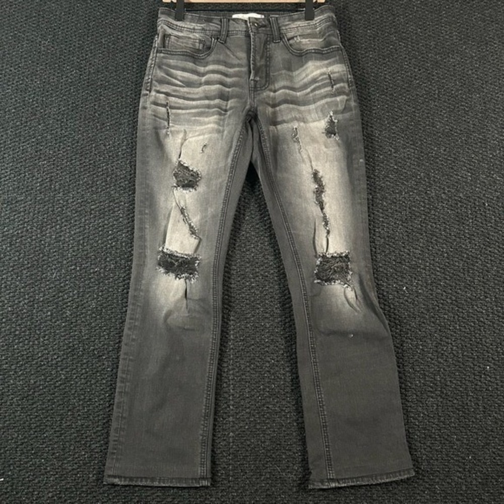 Depart West Men Trooper Denim‎ Jeans Black Wash Distressed Straight Leg 30x29
